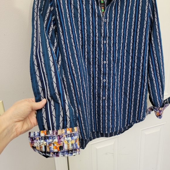 Robert Graham Flip Cuff Shirt Blue Striped Button Guitars Rock & Roll Mens Large - Picture 3 of 14